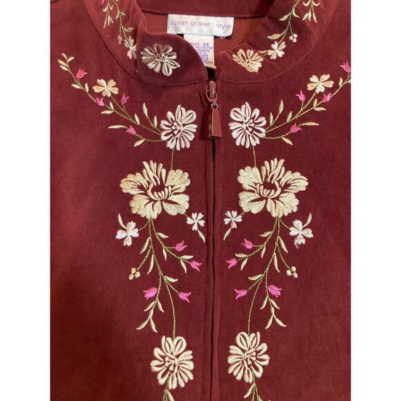 Susan Graver Top Womens 2X Maroon Red Floral Embroidered Front Zip Microsuede - Picture 3 of 13